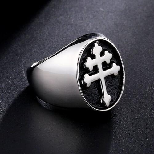 Classic Lorraine Cross Signet Ring for Men Gold/Silver Color Stainless Steel Orthodox Cross Ring Male Punk Biker Jewelry