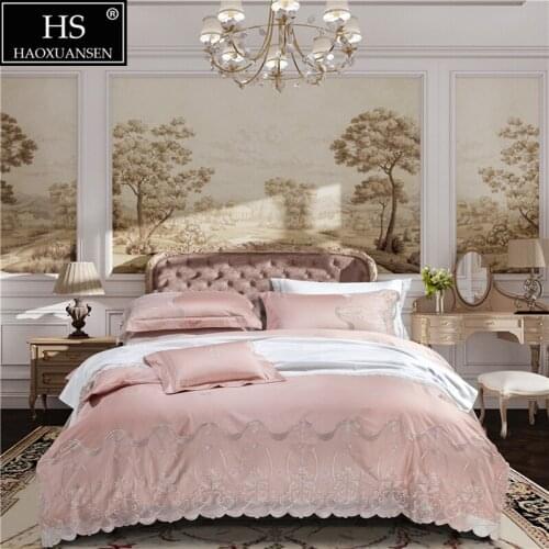 Light Pink Delicate Lace Design 4Pieces Bedding Set Pure Cotton Fabric Queen King Size Quilt Cover Pillowcase Sheets Coffee