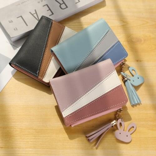 Womens wallet fashion Korean stitching matte short tassel clip wallets dollar zipper money cheap purse Female lovely color 2020