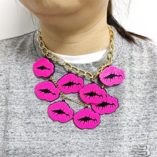 KUGUYS Acrylic Pink Lips Pendant Necklaces for Women Fashion Jewelry Gold Link Chain Trendy Multilayer Necklace Woman Accessorie