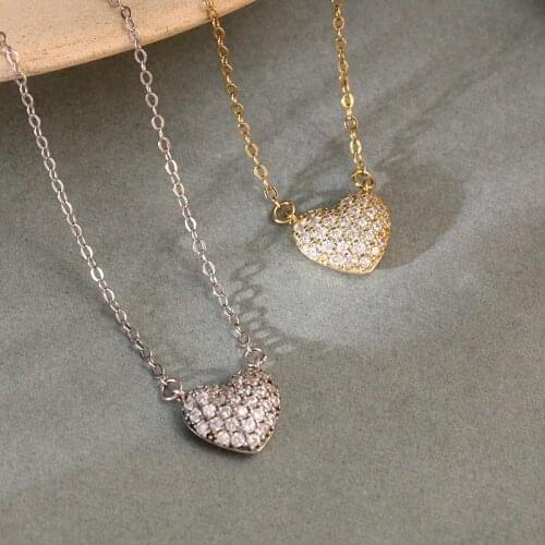 Cute 925 Sterling Silver Full Crystal Heart Pendant Necklace Women Fine Jewelry, Gold Color Woman Love Necklaces Birthday Gifts