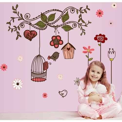Cartoon Flower Vine Bird Cage PVC Wall Sticker Peel and Sticker Vinyl Decals Removable Wallpaper Posters for Kids Room Decor