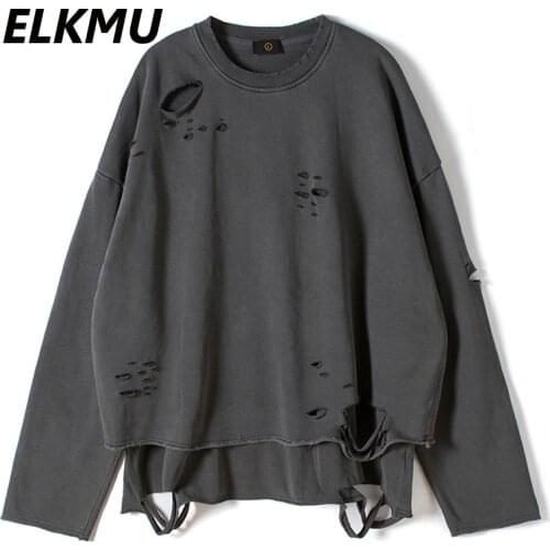 ELKMU Vintage Streetwear Hole Sweatshirt Men Fashion 2021 Autumn Pullover Solid Color Harajuku Cotton Tops Casual Loose HM561