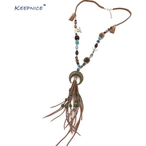 New Bohemia Boho long Necklace colorful beads chain leather tassel pendant Necklace long fringe moon crescent pendants necklace