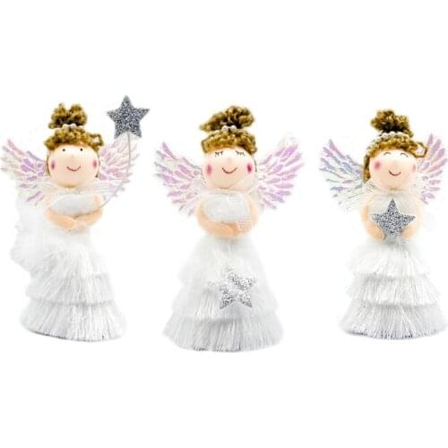 Christmas Tree Hanging Angel with Tassel Dress Holding Star Sweet Fairy Wing Doll Pendant Ornament Xmas Party Decor