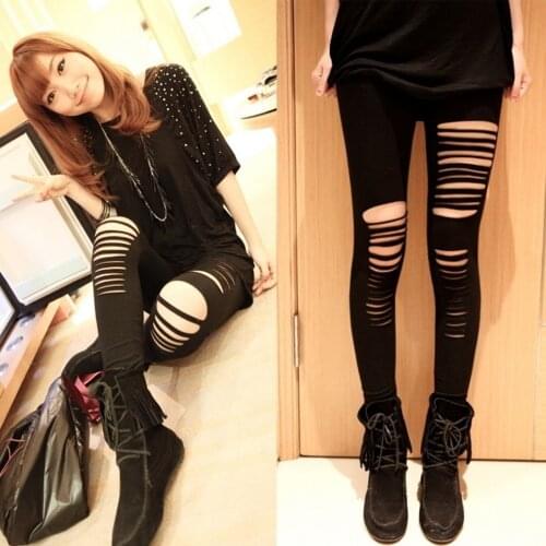 New Fashion Womens Stylish Ripped Holes Sexy Leggings Punk Hole Ripped Slit Split Irregular Leggings Party Gothic Pants