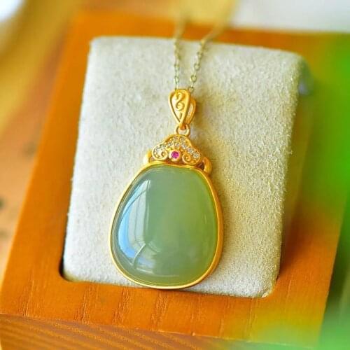 Hetian Jade Necklace Womens Sterling Silver Hetian Jade Pale Blue Jade Pendant Ruyi Classical Chinese Style Retro Collarbone Ne