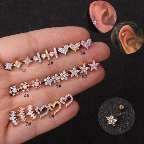 1Pc Gold Color Star Flower CZ Tragus Cartilage Stainless Steel Stud Zircon Crystal Daith Earring Helix Barbell Piercing Jewelry