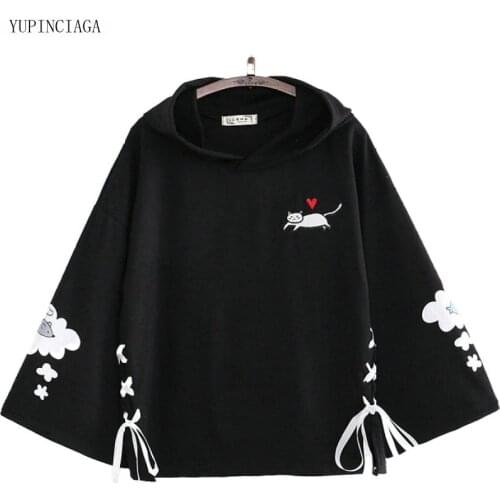 Women Cartoon Print Lace Up Hooded Sweatshirts 2020 New Spring Long Sleeve Student Solid Color Hoodies Femme Harajuku Pullover
