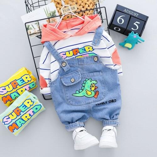 [Long Sleeve Hoodie + Denim Overalls] Baby Autumn Suit toddler boy clothes girls ruffle outfits set Children Clothing 0-4 Years