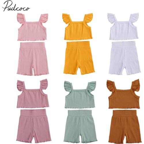 Infant Kids Baby Girls 2Pcs Solid Ribbed Clothes Set Ruffled Tops Vest Elastic Band Shorts Summer Clothes Outfis Sunsuits