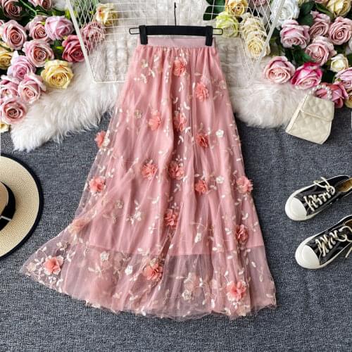 3D Flower Mesh Skirts Women Sweet Gilrs Flower Lace Skirts Lady Women Kawaii Party Skirts