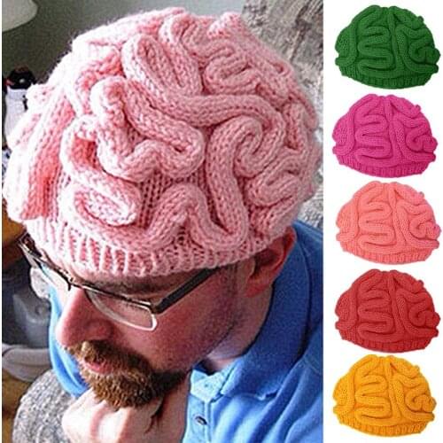Funny Handmade Crochet Knit Beanie Hat Adult Kids Winter Horrible Brain Solid Color Skull Cap Halloween Cosplay Props