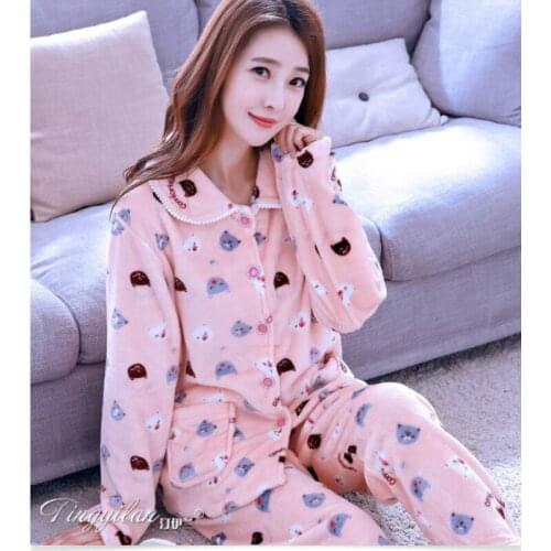 Ladies Winter Pajamas Long Sleeves Female Thickened Flannel Sleepwear Loose Coral Coral Homewear Womens Warm Nightwear D2009
