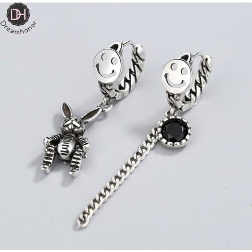 Dreamhonor Female Korean Temperament Personality 925 Silver Retro Vintage Smile Bunny Asymmetrical Clip Earrings Jewelry