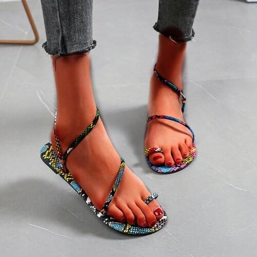 Womens Sandals Womens Fashion Flat-Bottom Large Size Beach Shoes PU Snake Pattern Womens Shoes Ladies Summer Sandals