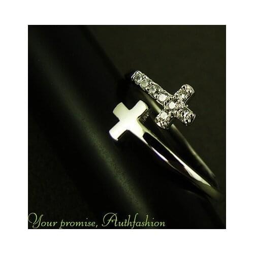 Womens Sideways Double Cross Ring Crystal Silver Rhodium Plated Size Adjustable