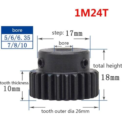 1/2/5/10/20PCS 1M 24T Spur Gear Pinion Bore 8mm Step 17mm Surface Black Motor Pinion Gear 1 Modulus Tooth 24 Outer Diameter 26mm