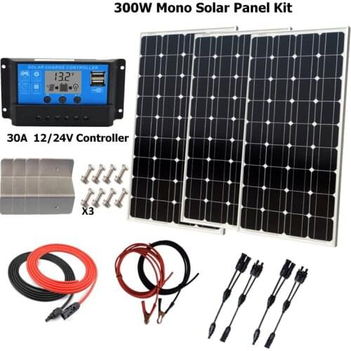 300W Solar Panel Kit:3 x 100W Mono Solar Panel W/ PWM 30A LCD Solar Controller for 12V battery Off Grid Solar System for RV home