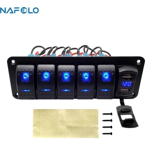 5 Gang Toggle Rocker LED Switch Panel +Sticker Digital Voltmeter Dual USB Port 12V Outlet Combination Waterproof Car Marine Boat