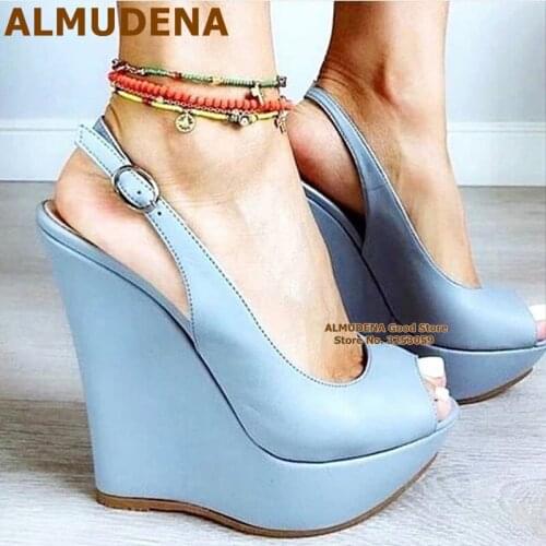 ALMUDENA Sky Blue Matte Leather Wedge Dress Shoes Open Toe Buckle Strap Slingback Platform Prom Pumps Gladiator Sandals Size47