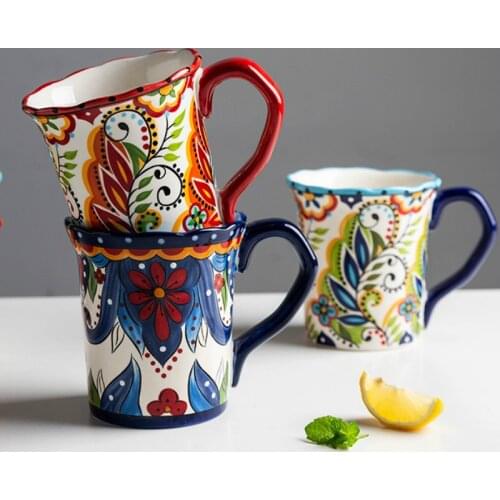 500ml Large Bohemian Mug Ceramic Mark Cup Breakfast Coffee Milk Tea Fruit Juice Couple Cup Drinkware Tool WF924