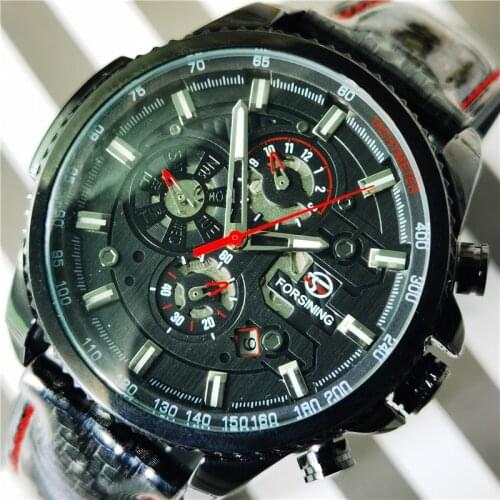 Forsining Mechanical Automatic Watch For Men Self-Wind Clock Date 3 Dials Shiny Leather Business Waterproof Relogio Wristwatch