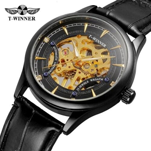 T-Winner Mens Watch Mechanical Movement Skeleton Leather Strap Analog Crystal Brand Best Fashion Style Wrist Watches WRG8149M3