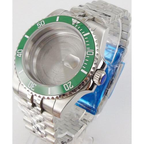 Sub Steel 40mm Watch Case for NH35 ETA 2836 MIYOTA 8215 Sapphire Glass Jubilee Bracelet Seeing/Mental Back Green Insert