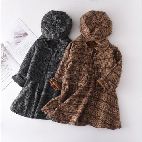 Baby Girls High Quality 3 Pcs Clothes Suit 2021 Winter Spring Woolen Coat Pleated Dress & Berets Hat Baby Girls Clothing Set