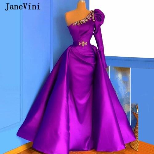 JaneVini Purple One Shoulder Mermaid Evening Dresses with Detachable Train Long Sleeves Crystals Satin Arabic Formal Dinner Gown