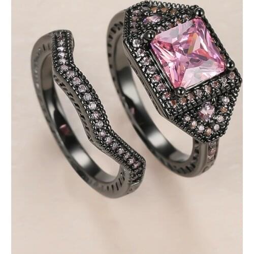 Punk Female Pink Crystal Ring Set Luxury 14KT Black Gold Wave Wedding Rings For Women Charm Bride Square Zircon Engagement Ring