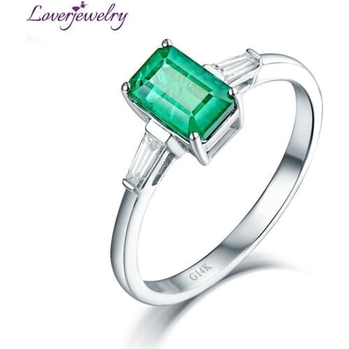 Pretty!New Solid 14Kt White Gold Baguette Diamond Natural Emerald Wedding Ring Fine Jewelry for Women Christmas Gift