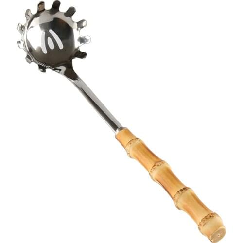 Kitchen Cooking Stainless Steel Bamboo Root Wood Handle Noodle Slotted Strainer Ladle Skimmer Spoon Fork Spaghetti Pasta Server