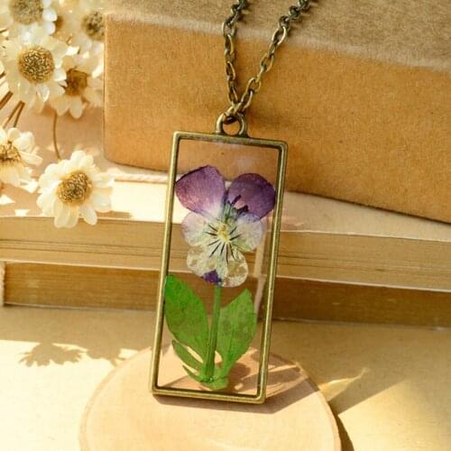 LUBOV Handmade Dried Flower Necklace Dried Pansy in Resin Stone Rectangle Bronze Frame Pendant Long Chain Necklace Women Jewelry