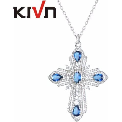 KIVN Fashion Jewelry Sparkling Royal Blue Pave CZ Cubic Zirconia Womens Bridal Wedding Cross Pendant Necklaces Birthday Gifts