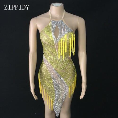 Fashion Yellow Rhinestones Fringes Latin Dress Women Birthday Celebrate See Through Mesh Dress Stage Costume Dance Outfit YOUDU