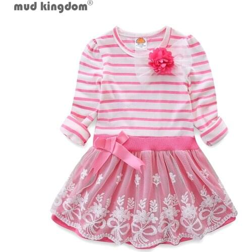 Mudkingdom Little Girl Dress Long Sleeve Stripe Flower Lace Cute Ribbon Bow Clothes for Girls Autumn 2 to 7 Years