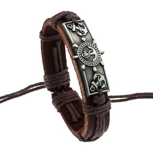 New Casual Retro Punk Brown Handmade Oxhide Woven Rudder Feather Rose Peace Charm Genuine Leather Men Bracelets Women Jewelry