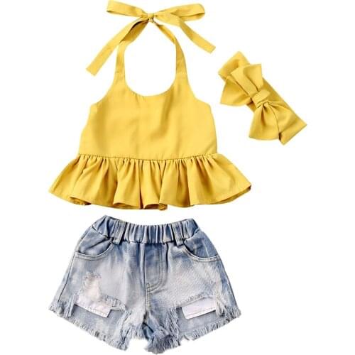 1-6Y Toddler Baby Kid Girl Summer Clothes Set Ruffles Vest Tops Denim Shorts Headband Summer Costumes Children Clothing
