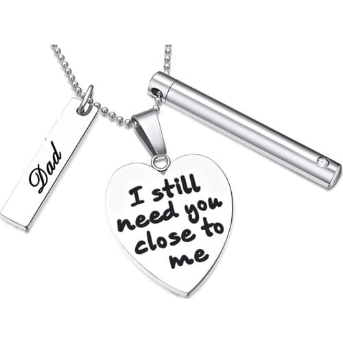 Cremation Memorial Necklace Unisex Stainless Steel Jewelry I Need You Close Me Dad Cylinder Ashes Urn Pendant Angel Wing Charm