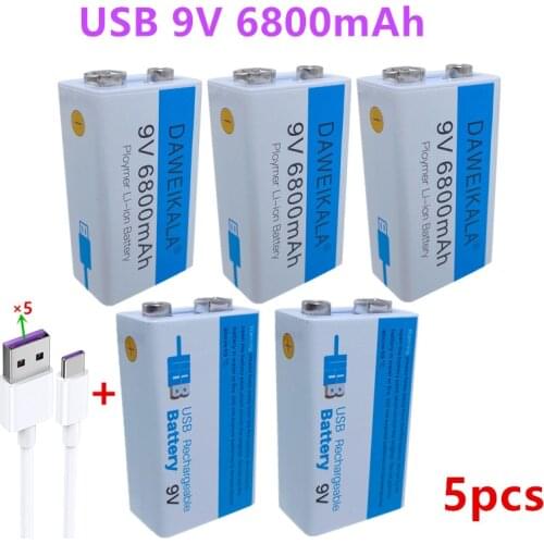 5pcs/Lot 9V USB rechargeable Li-Ion battery 9V 6800mAH is suitable for camera and other series of electronic products+USB line