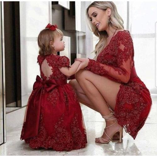 Two Dresses 2020 Mother and Girl Dress Wine Red Embroidery Lace Applique Luxury Prom Party Gown