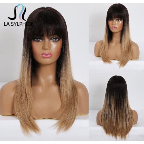 La Sylphide Synthetic Wig Long Straight Root Dark Brown Ombre Blond Wigs with Bangs for Black White Women Daily Heat Resistant