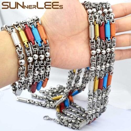 SUNNERLEES Fashion Jewelry Stainless Steel Necklace Bracelet Set 7mm Geometric Link Chain Multicolor Gold Color Men Women SC63 S
