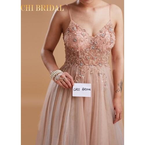 Sexy Evening Dresses 2021 New Arrival V-Neck Rhinestones Beading Formal Prom Gowns With Slit Robe De Soiree Thin Shoulder Strap