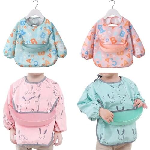 Waterproof Baby Cartoon Bibs Kids Adjustable Infant Feeding Smock Burp Cloth Long Sleeve Painting Apron