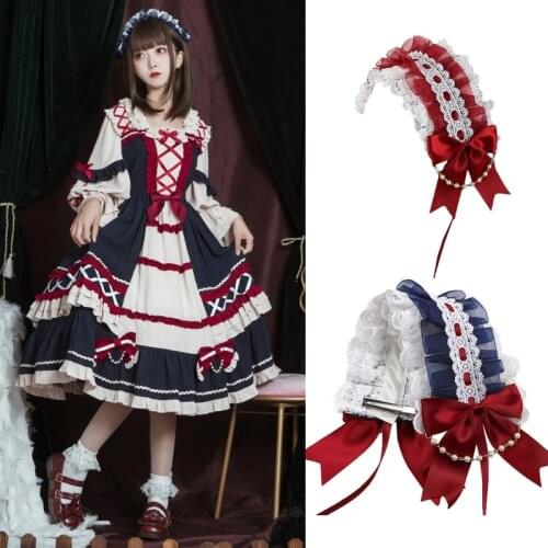 Lace Headbands for Women Long Ribbon Headband Multilayered Lace Headwear with Bowknot Pearl Maid Lolita Party Props