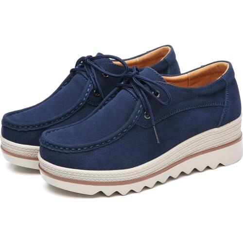 2021Spring Autumn Womens Shoes Cow Suede Leather Flats Lace-Up Loafers Casual Flat Platform Female Sneakers Zapatos De Mujer