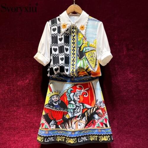 Svoryxiu Womens Summer Fashion Runway Skirt Suit Vintage Warrior Letter Print Beaded blouse + Mini Skirt Two Piece Set